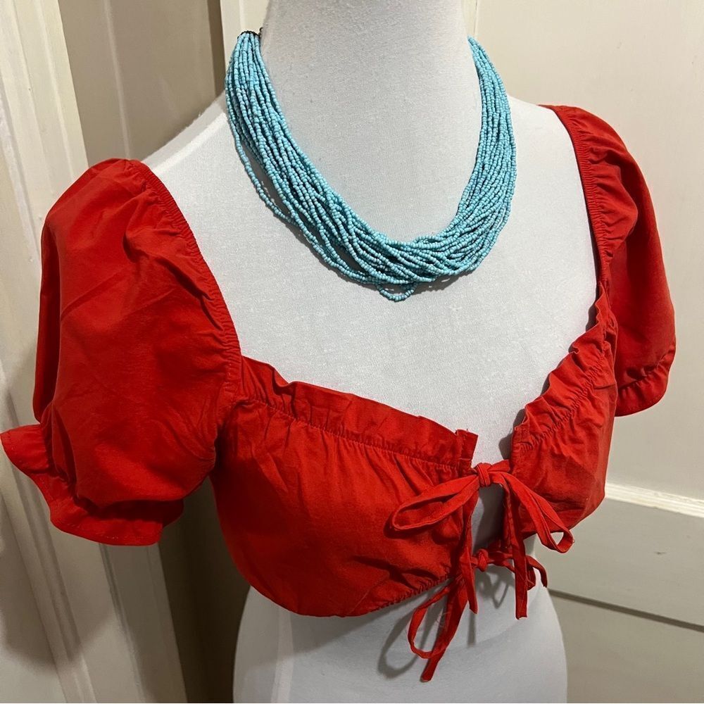 Vibrant Red Ruched Puff Sleeve Crop Top Women's Large
